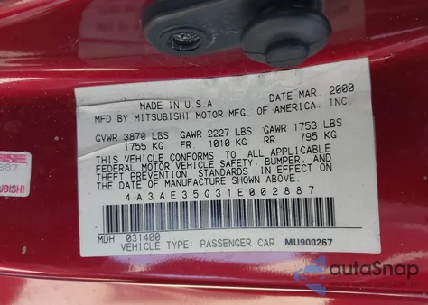 2001 Mitsubishi Eclipse Spyder Gs from USA, damaged, VIN 4A3AE35G31E002887